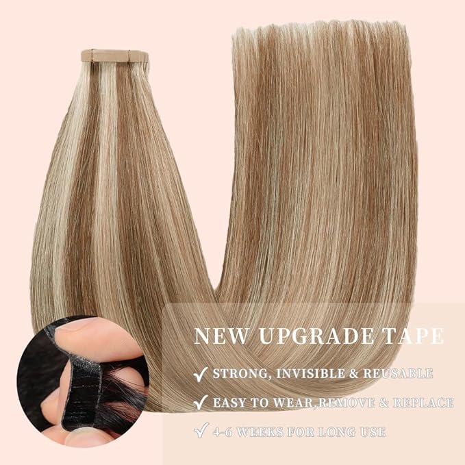 Human Hair Tape in Extensions Chestnut Brown to Blonde Highlight 22 Inch 20pcs Seamless Skin Weft Tape in Hair Extensions Straight Remy Hair Extensions Human Hair (P6/613#,22 Inch)