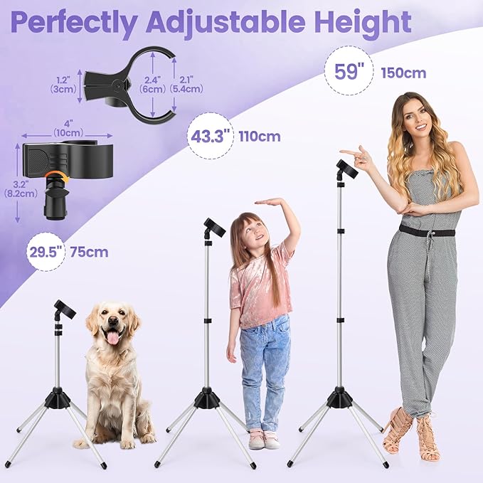 Adjustable Hair Dryer Stand, 29-59 Inch Hair Dryer Holder with Tripod and Universal Clip, 360-Degree Rotating Blow Dryer Stand for Bathroom, Vanity, Makeup Room