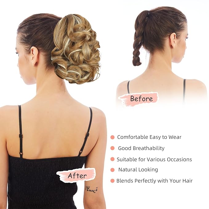 Ponytail Extension, Clip on Ponytails for Women, 9" Claw Clip in Short Curly Wavy Pony Hair Extension for Women - Medium Blonde with Blonde Highlights
