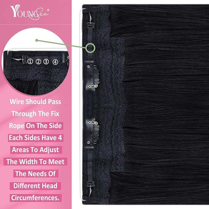 YoungSee 130G Black Wire Hair Extensions for Women Jet Black Hair Extensions Wire One Piece Hair Extension Real Human Hair Remy Hair 20Inch