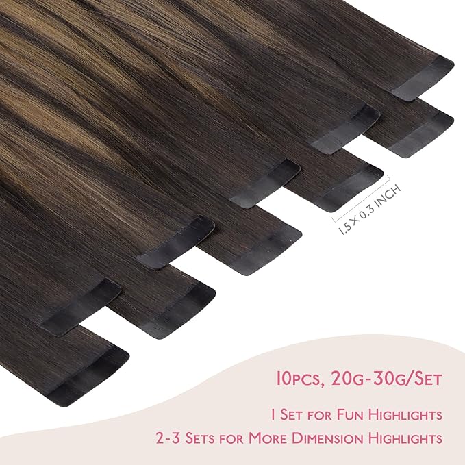 WENNALIFE Tape in Hair Extensions Human Hair Balayage Dark Brown Mixed Chestnut Brown Tape in Extensions, 10pcs 25g 18 inch Remy Invisible Tape Ins Straight Soft Real Human Hair Tape in Extensions