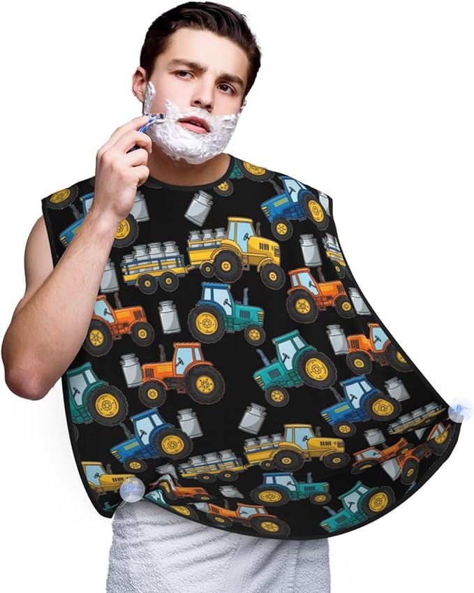 Beard Apron Hair Catcher, Cartoon Milk Farm Tractors Black Shave Bib, Waterproof Non-Stick Shaving Bib, Trimming Grooming Tool for Dad Men Anniversary