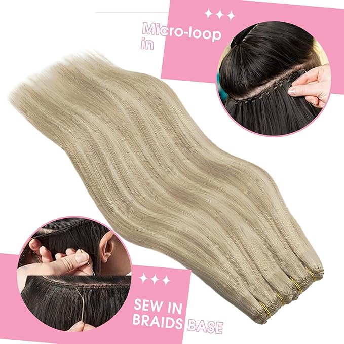 YoungSee 130G Blonde Weft Hair Extensions Highlight Warm Ash Blond Mix Bleach Blonde Hair Weft Extensions Long Straight Human Hair Extensions Sew in for Fuller Look 24 Inch