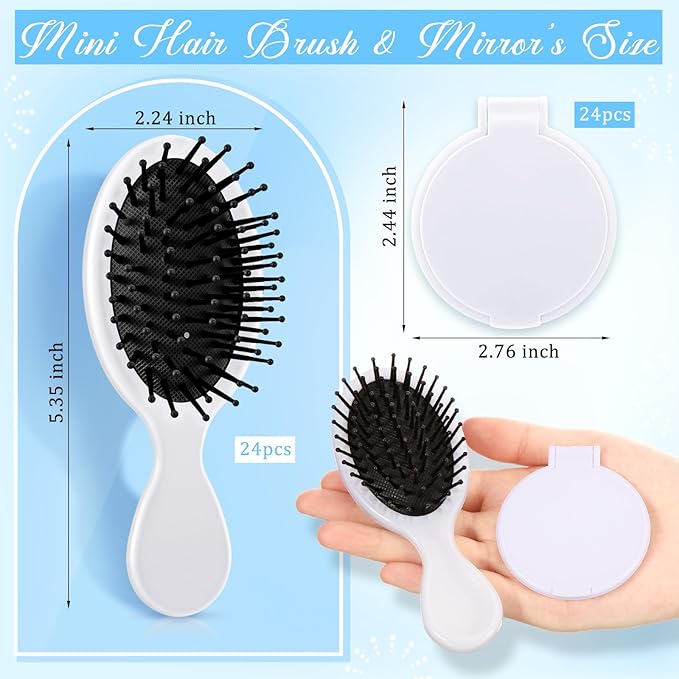 Meanplan 48 Pcs Mini Hair Brush Set 24 Travel Wet Dry Hair Combs Pocket Detangling 24 Compact Folding Makeup Mirrors for Spa Sleepover Birthday Bridal Shower Bachelorette Christmas Party Gift(White)
