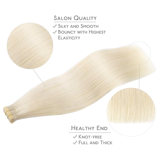 WENNALIFE Tape in Hair Extensions Human Hair, 20pcs 50g 24 inch Platinum Blonde Remy Hair Extensions Straight Human Hair Tape in Extensions Skin Weft Tape Extensions Human Hair