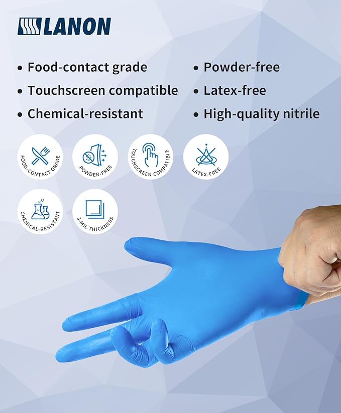 LANON Disposable Nitrile Gloves, Silicone-Free, Food-Safe, Chemical Resistant, Powder-Free, Textured Fingertips, Cooking, Cleaning, Blue, X-Large