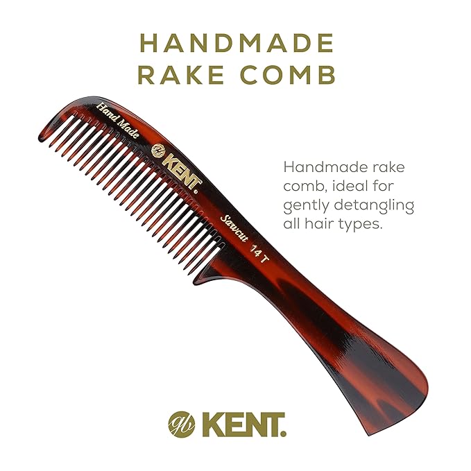 Kent 14T Tortoise Large Detangling Comb, Wide Teeth for Long Thick Curly Wavy Hair. Hair Detangler Comb For Wet and Dry. Saw-Cut from Cellulose and Hand Polished, Handmade in England