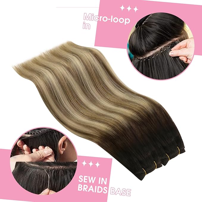 YoungSee Sew in Hair Extensions Real Human Hair Brown Ombre Human Hair Weft Extensions Dark Brown Roots to Medium with Blonde Hair Extension Sew in Long Straight Hair 100G 22Inch