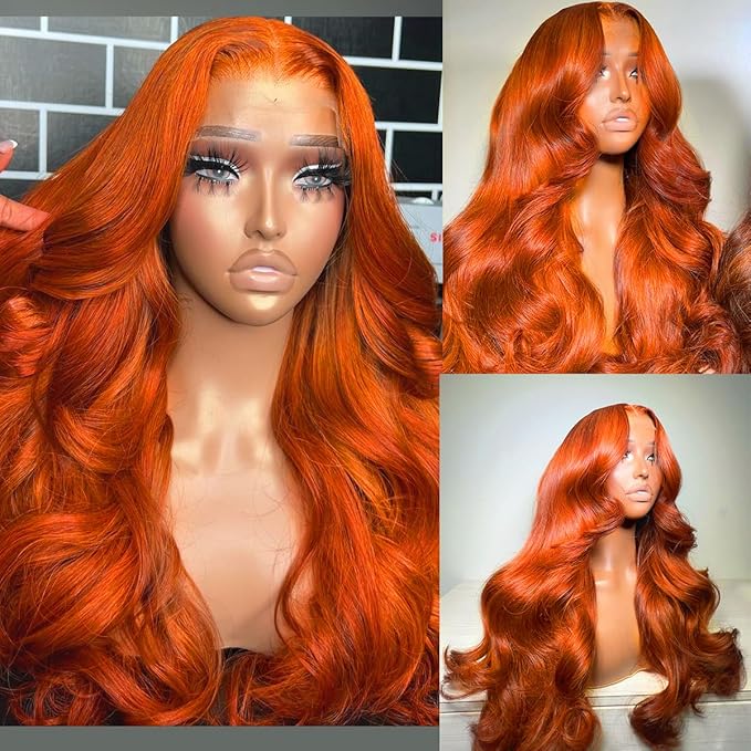 Ginger Orange Lace Front Wigs Human Hair 13x6 Body Wave Frontal Wigs Human Hair for Women 200% Density Pre Plucked HD Transparent Lace Glueless 350 Colored Human Hair Wig Bleach Knots 26 Inch