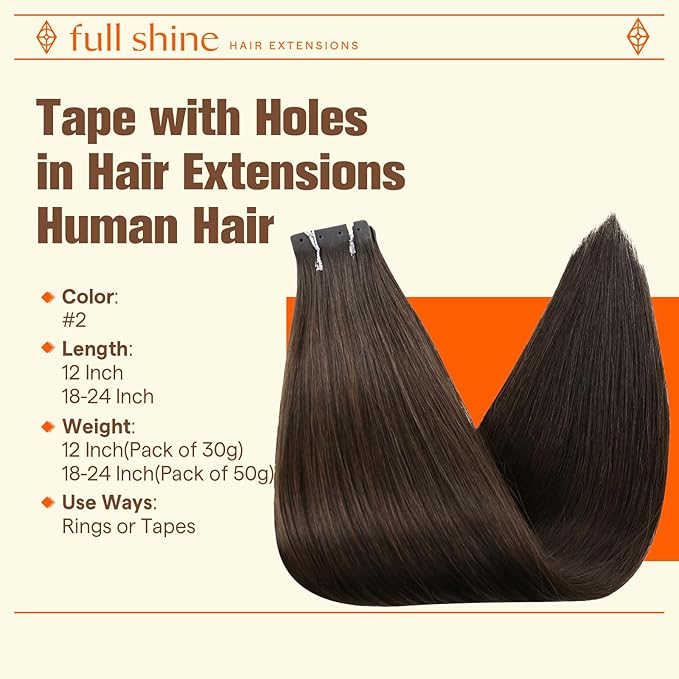 Full Shine Brown Tape in Hair Extensions Human Hair Color Dark Brown Seamless Glueless Remy Human Hair Extensions with Holes Skin Weft 20Inch 20PCS 50G Soft Remy Hair Extensions Tape ins