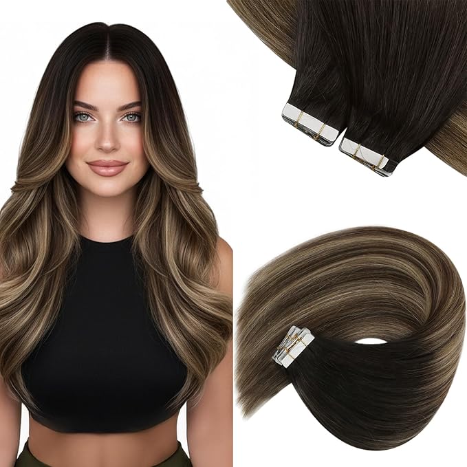 Sunny Hair Tape in Hair Extensions Human Hair, 24 Inch 40Pcs Remy Tape in Extensions Black Balayage Brown Ombre Ash Blonde Hair Extensions Tape in 100g