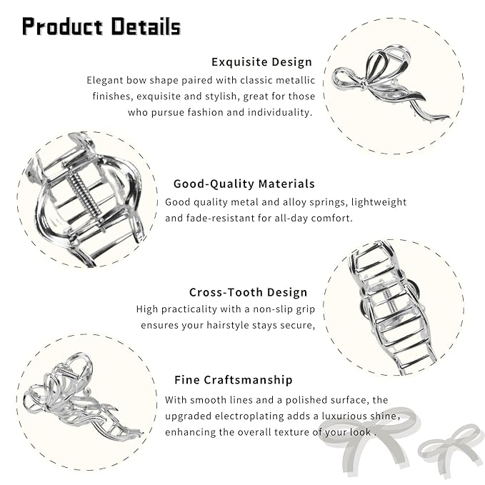 Metal Bow Hair Clips Bow Hair Claw Clips with Pearl Large Bowknot Claw Clip Strong Hold Nonslip Hair Jaw Clip for Thin Thick Hair Stylish Hair Accessories for Women Silver
