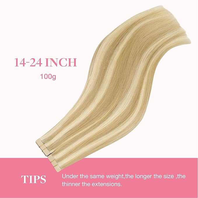 GOO GOO Tape in Hair Extensions Human Hair, 18D/22F Dirty Blonde Highlights, 16inch 100g 40pcs, Skin Weft Seamless Invisible, Silky Straight with Thick Ends, Remy Human Hair