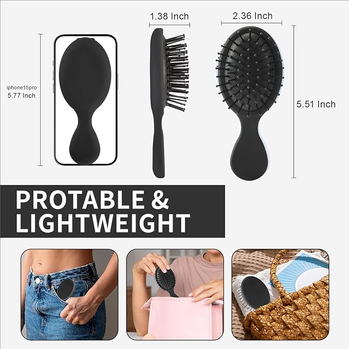 Mini Hair Bursh for Women,girls-Protable Travel Size Hair Brush for Pockets,Purse,backpack-Mini Detangler Brush for All Hair Types,Small Hair Brush for Detangling(1 Pack-Black)