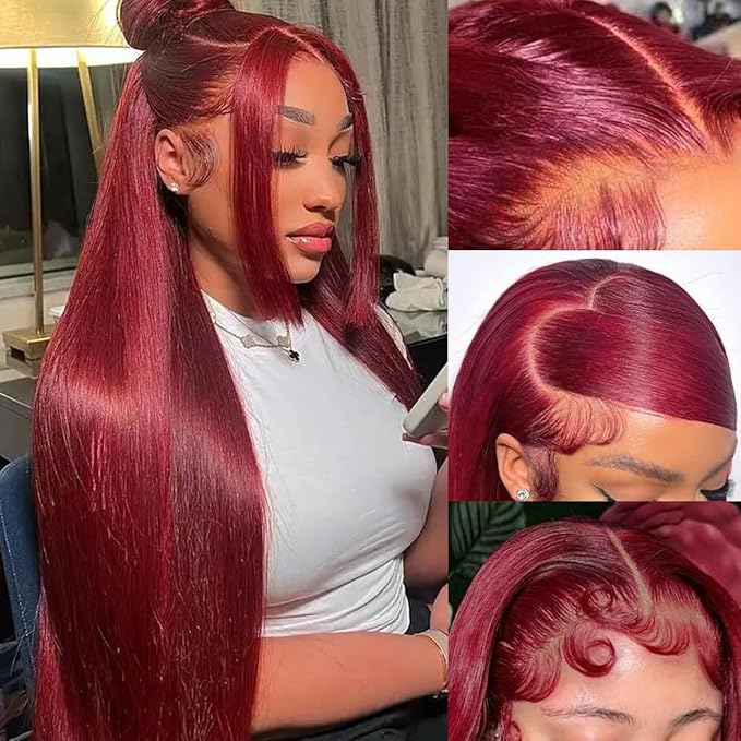 200 Density Burgundy Straight Lace Front Wigs Human Hair 99J 13x6 HD Lace Frontal Red Wigs Pre Plucked With Baby Hair