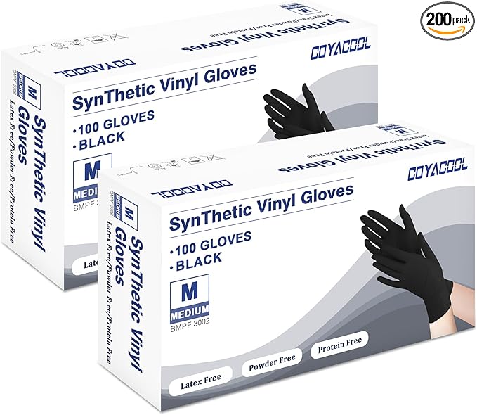 Disposable Gloves Medium, Nitrile and Vinyl Blend Material Gloves, Latex Free, 4 Mil 200 Pc Food Grade Glove for Cleaning, Food Prep, Hair Dye, Tattoo, Black