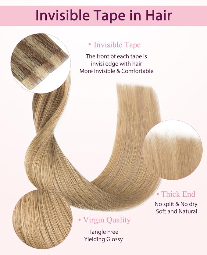 Pinkpearl Invisible Tape in Hair Extensions Human Hair, 20pcs 22inch 60g #10/27/27 Golden Brown to Caramel Blonde Injection Tape in Extensions Real Remy Seamless Human Hair Injected