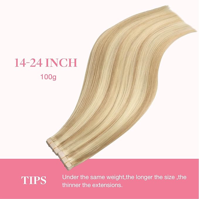GOO GOO Tape in Hair Extensions Human Hair, 18A/613A Dark Blonde Highlighted Bleach Blonde, 20inch 100g 40pcs, Skin Weft Seamless Invisible, Silky Straight with Thick Ends, Remy Human Hair