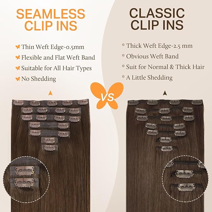 DOORES Seamless Clip in Hair Extensions, Chocolate Brown 150g 7pcs 22 Inch Real Human Hair Straight Remy Thick Invisi Edge Weft