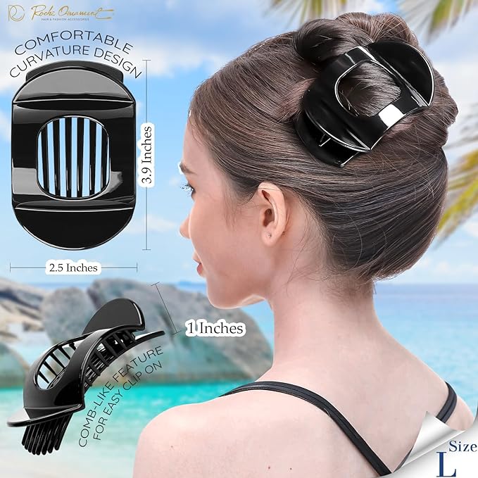 RC ROCHE 6 Pcs Flat Claw Hair Clips for Women Thick Hair French Round Duckbill Square Secure Strong Hold Grip Clamps Barrettes Curved No Slip No Crease Styling Cute Extra Jumbo XL, Large Black