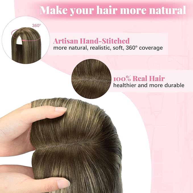 Hair Toppers for Women Real Human Hair, 360° Cover Topper 12inch 55g Hair Pieces for Women with Thinning Chocolate Brown Mixed Caramel Blonde Add Volume 6x7inch (#4/27/4Toppers-12inch)