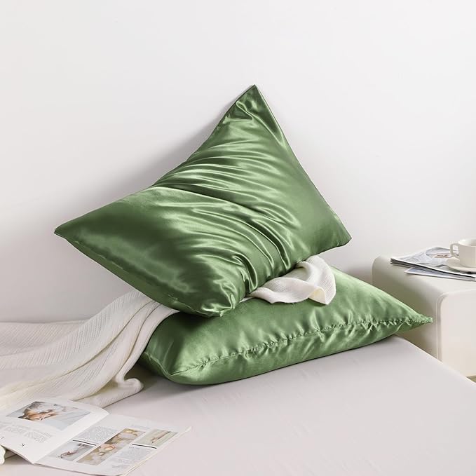 NTBAY 2 Pack Satin Queen Pillowcases for Hair and Skin, Luxurious and Silky Pillow Cases with Envelope Closure, 20x30 Inches, Olive Green