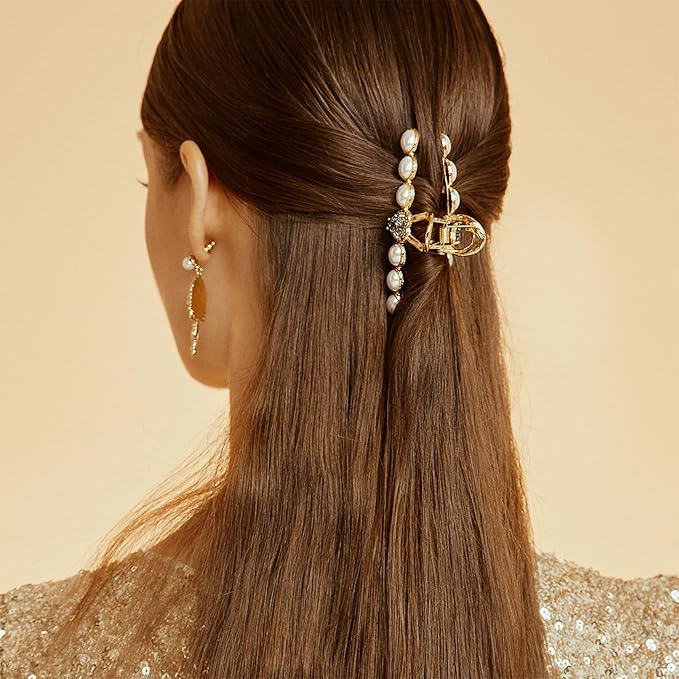 SHE'S FREE STYLE JUST FOR YOU Vintage Hair Claw Clip for women, Elegant Alloy Hair Clawwith Romantic Heart Design, Pearl details and 14K golden electroplating finish, Exquisite Hair Accessories