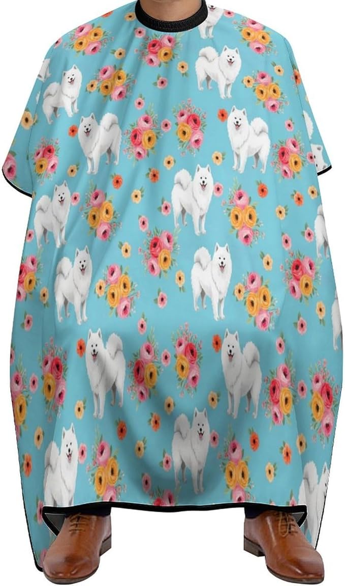 Extra Long Professional Salon Cape, Samoyed Dogs Floral Dog Dyeing Salon Apron Haircut Cloth Wrap Protector for Hair Cutting