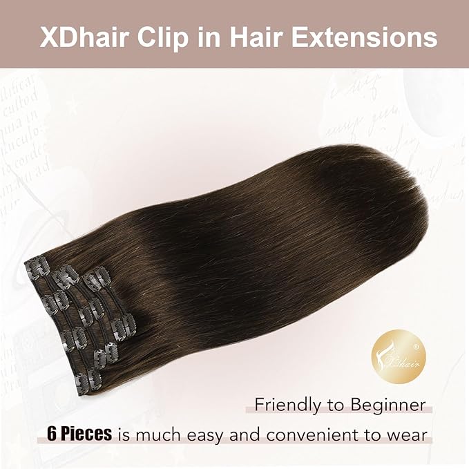 XDhair 22 Inch Clip in Hair Extensions 6 Pcs 120G Dark Brown Real Human Hair Extensions Clip ins Long Straight Hair for Women #2 22 Inch