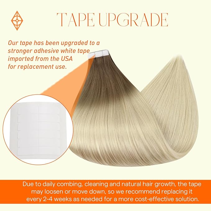 Full Shine Tape in Hair Extensions Human Hair 18 Inch Double Sided Tape in Extensions Remy Hair Color Ash Brown Ombre Platinum Blonde Balayage Tapes Extensions 20 Pcs 50G