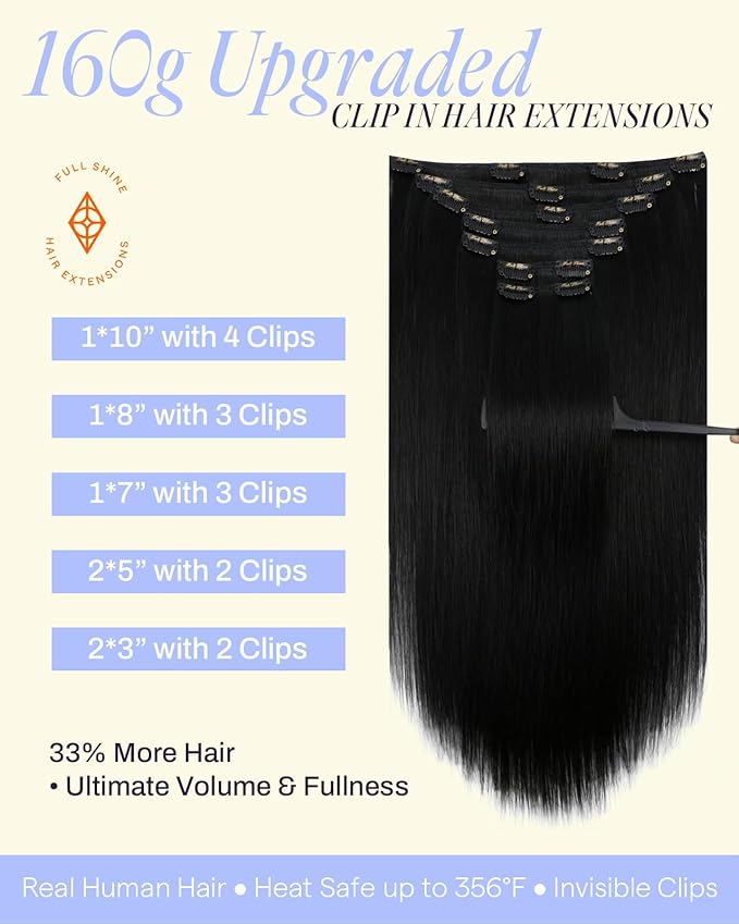 Full Shine Black Hair Extensions Clip in 160 G 18 Inch Clip ins Real Human Hair Black Women 7 Pcs