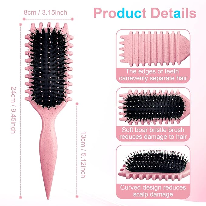 Curly Hair Brush,Curl Defining Brush Boar Bristle Hair Brush for Combing and Shaping,Reduce Pulling and Curl Separation For Defined Curls(pink)