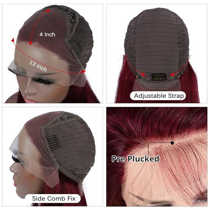 Burgundy 99J Lace Front Wigs Human Hair Pre Plucked Wine Red 13x4 Straight Lace Frontal Wig with Baby Hair for Black Women 150% Density Wig Colored Brazilian Virgin Hair Wig 26 Inch