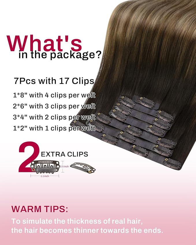 Moresoo Brown Balayage Clip in Hair Extensions Human Hair Seamless Dark Brown to Golden Brown with Dark Honey Blonde Real Hair Extensions Clip ins Remy Pu Skin Invisible Long 120/7pcs 18in