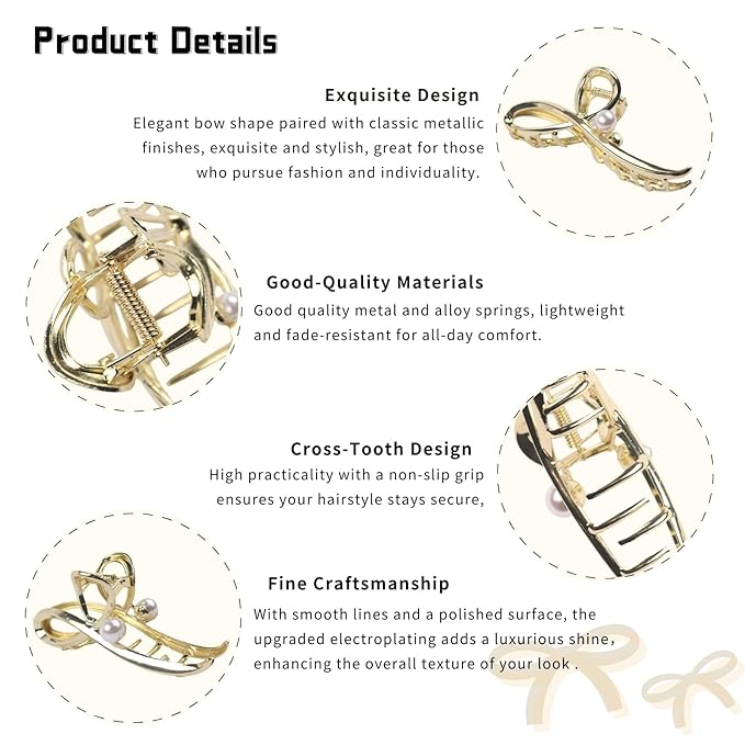 Metal Hair Clips Gold Bow Hair Claw Clips with Pearl Large Bow Claw Clip Strong Hold Nonslip Hair Jaw Clip for Thin Thick Hair Stylish Hair Accessories for Women