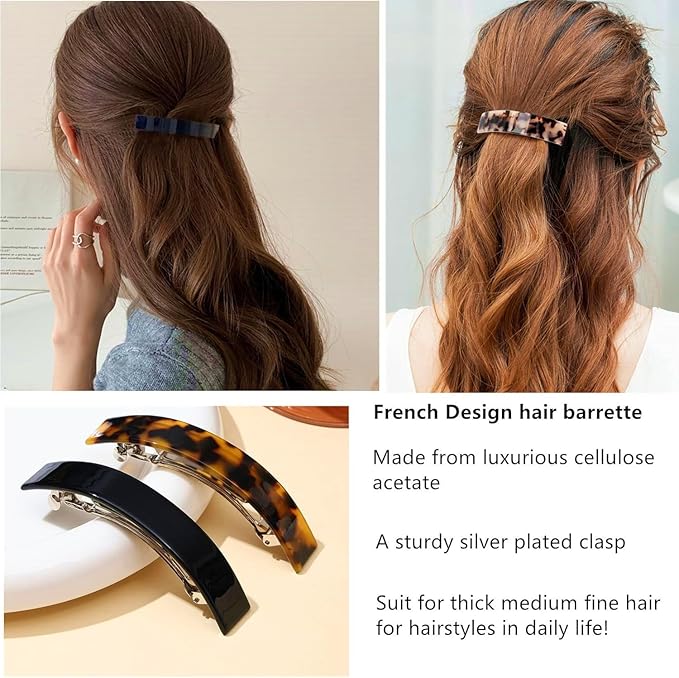 Eyegla Hair Barrettes for Women Large French Barrette Hair Clips Tortoise Shell Barrettes for Thick Hair,2 Pack
