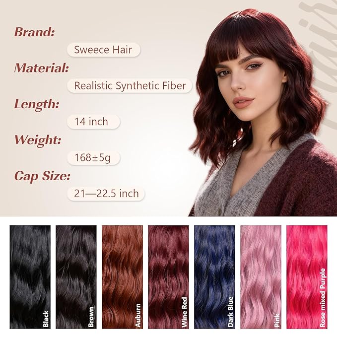 Wine Red Wig With Bangs Wave Bob Wigs for Women 14 Inch Short Loose Wavy Heat Resistant Synthetic Wig Shoulder Length Hair for Daily and Cospaly Party Use