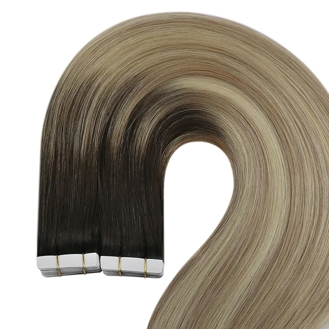 YoungSee Human Hair Tape in Extensions Ombre 14In Invisible Tape ins Hair Extensions Human Hair Balayage Dark Brown Ombre Blonde Tape-on Natural Hair Extension Silky Straight 50g 20pcs
