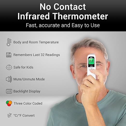 Vive No-Touch Forehead Thermometer - No Contact Infrared Digital Thermometer for Adults, Kids, Babies, & Objects - Touchless, Accurate Temporal Fever Sensor - Fast, Memory Recall, Large Display