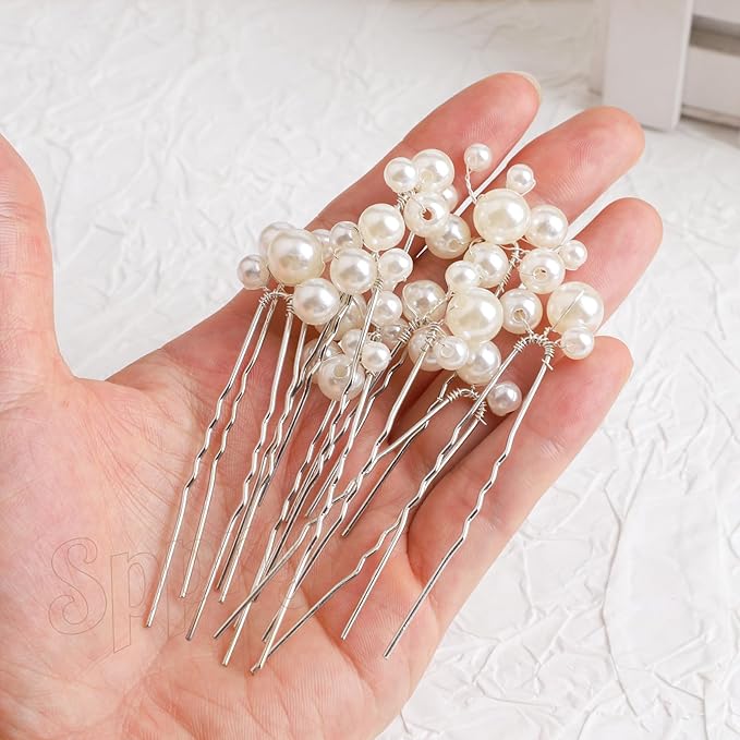 U Shaped Pearl Wedding Hair Pins for Bridal Women, Set of 9 (Silver)