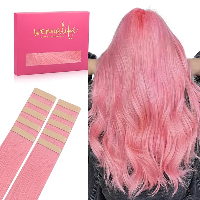 Wennalife Tape in Hair Extensions Human Hair Peach Pink Tape in Extensions, 10pcs 25g 16 inch Remy Invisible Tape Ins Straight Colored Soft Real Human Hair Tape in Extensions Refill Set Extensions