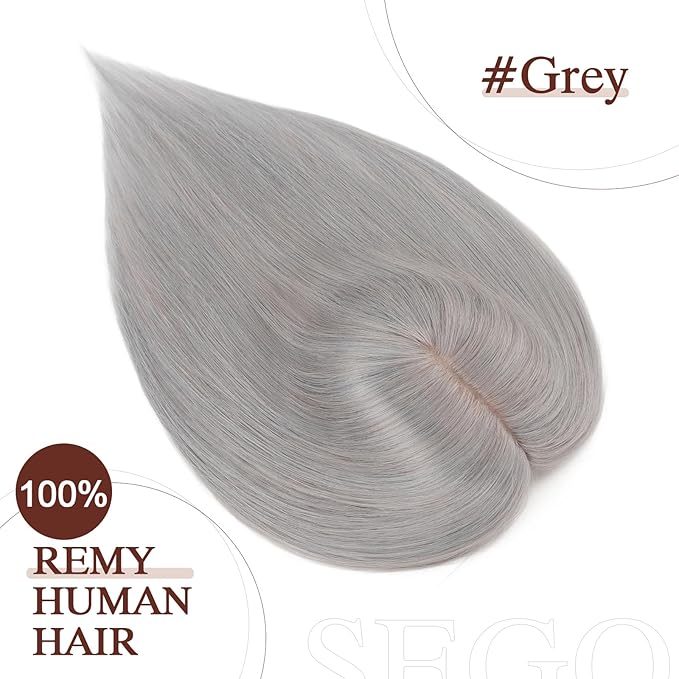 SEGO Hair Topper for Women, No Bangs Real Human Hair Topper with Anti-Slip Clips (12 Inches #Grey)