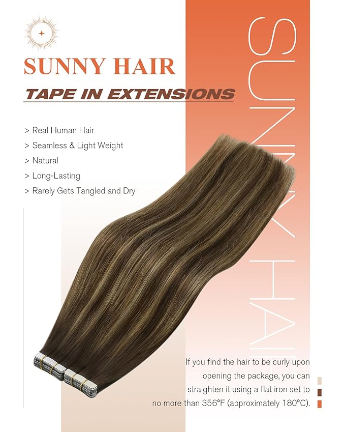 Sunny Hair Tape in Hair Extensions Real Human Hair Invisible Remy Hair Extensions Tape ins for Women Dark Brown Root to Caramel Blonde Balayage 18 inch 20Pcs 50G