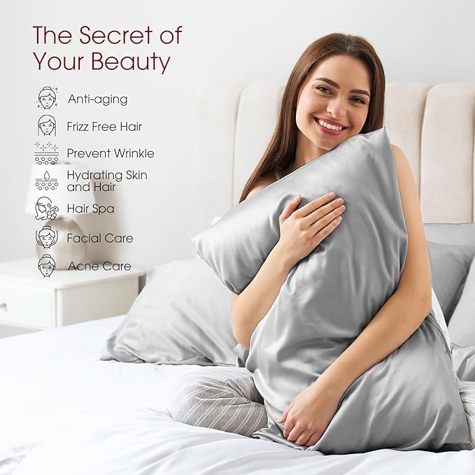 100% Silk Pillow Cases 2 Pack Queen Size Mulberry Silk Pillowcase for Hair and Skin Set of 2 Highest Grade 6A Silk Soft Breathable Cooling with Hidden Zipper, Light Grey