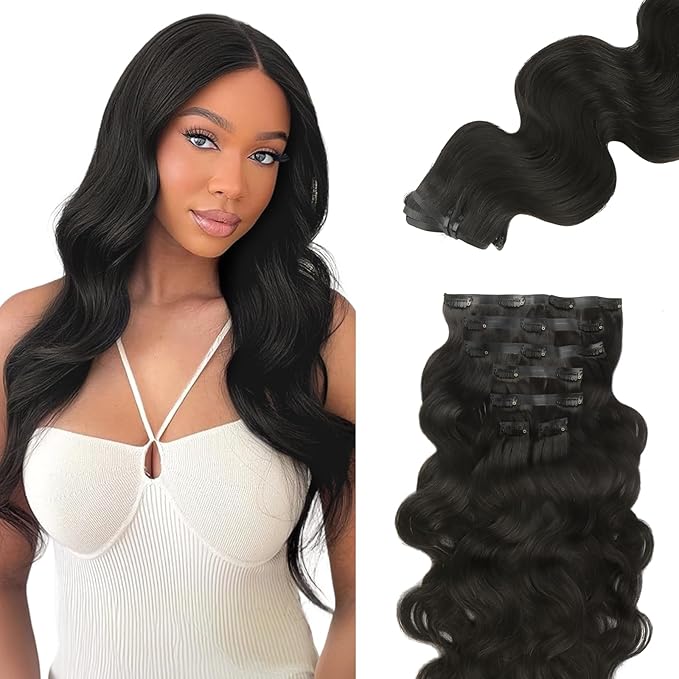 Lashey Seamless Clip in Hair Extensions Human Hair 130g 7pcs Body Wave 22 Inch Natural Black Thick Remy Hair Extensions with Full End