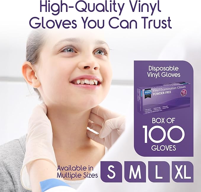 Inspire Medical Exam Gloves | Powder Free Stretch Vinyl Gloves | Disposable Latex Free Gloves | Disposable Food Safe Food Prep Cooking Gloves