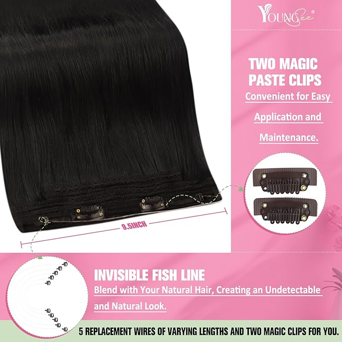YoungSee 100g Wire Human Hair Extensions Dark Brown Hair Extensions Invisible Wire Brown Easy to Wear Fish Line Hair Extensions Remy Hair 20In