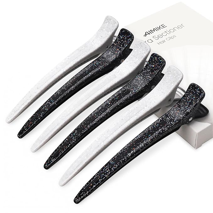 AIMIKE Extended Sectioning Hair Clips w/Built-in Silicone Band, 4.8" No-Crease Non-Slip Hair Styling Clips for Thick, Curly Hair –Blow Drying, Hair Rollers, Rust-Free – 6 Pack, Glitter Duckbill Clips