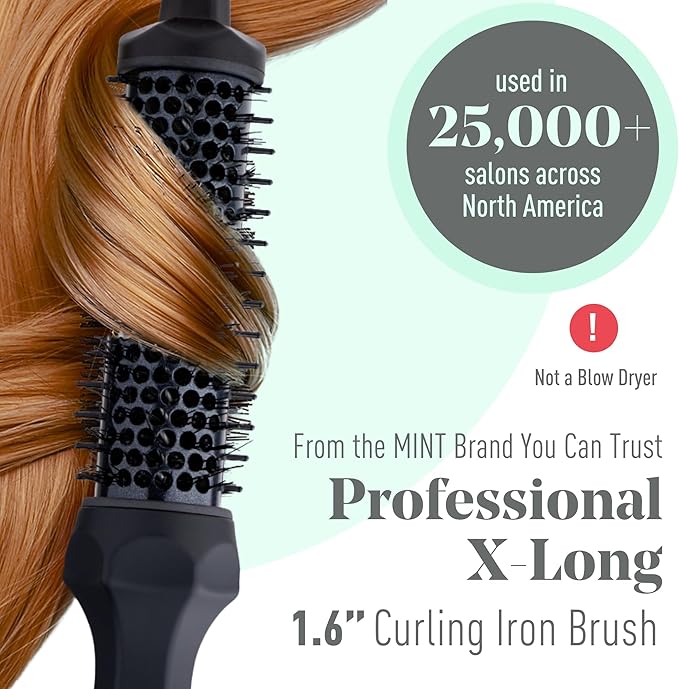 MINT Extra-Long 1.6 Inch Thermal Brush for Natural Volume & Waves | 230-430°F 2-Heater Ceramic Curling Iron Brush | Heated Round Styler