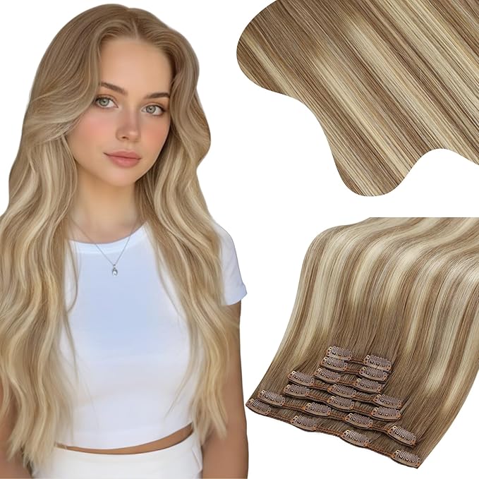 Moresoo Ombre Brown to Blonde Clip in Hair Extensions Human Hair Light Brown to Medium Blonde Remy Human Hair Clip in Extensions to Add Volume for Women Long And Thick 150g/7pcs 22 inch
